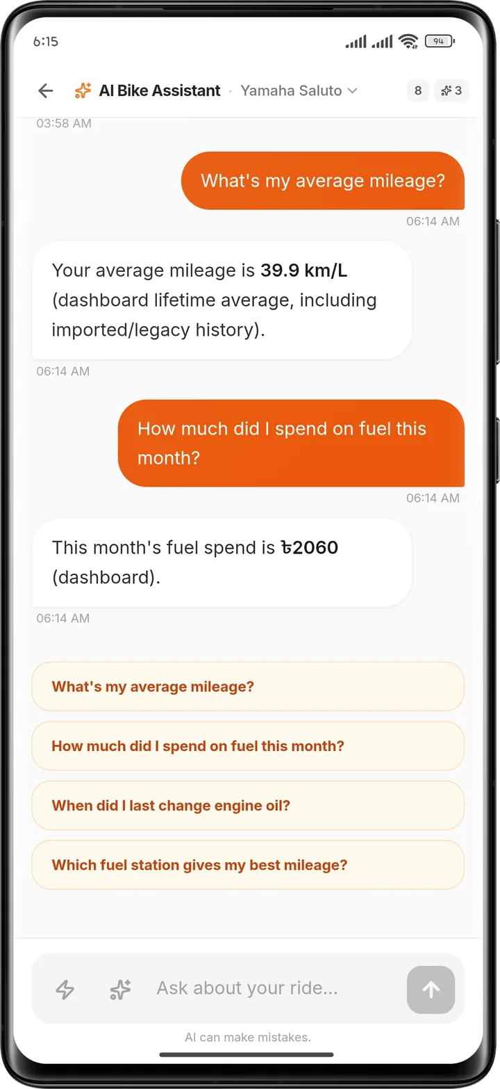 Bahon AI Bike Doctor chat — ask about mileage, spend and oil change