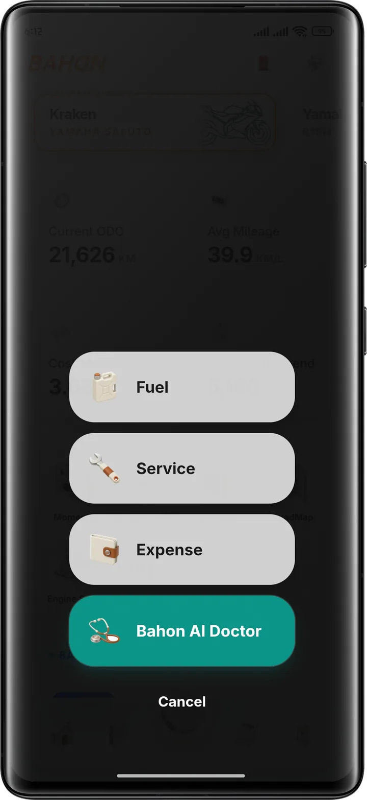 Bahon quick add menu for fuel, service, expense and AI Doctor