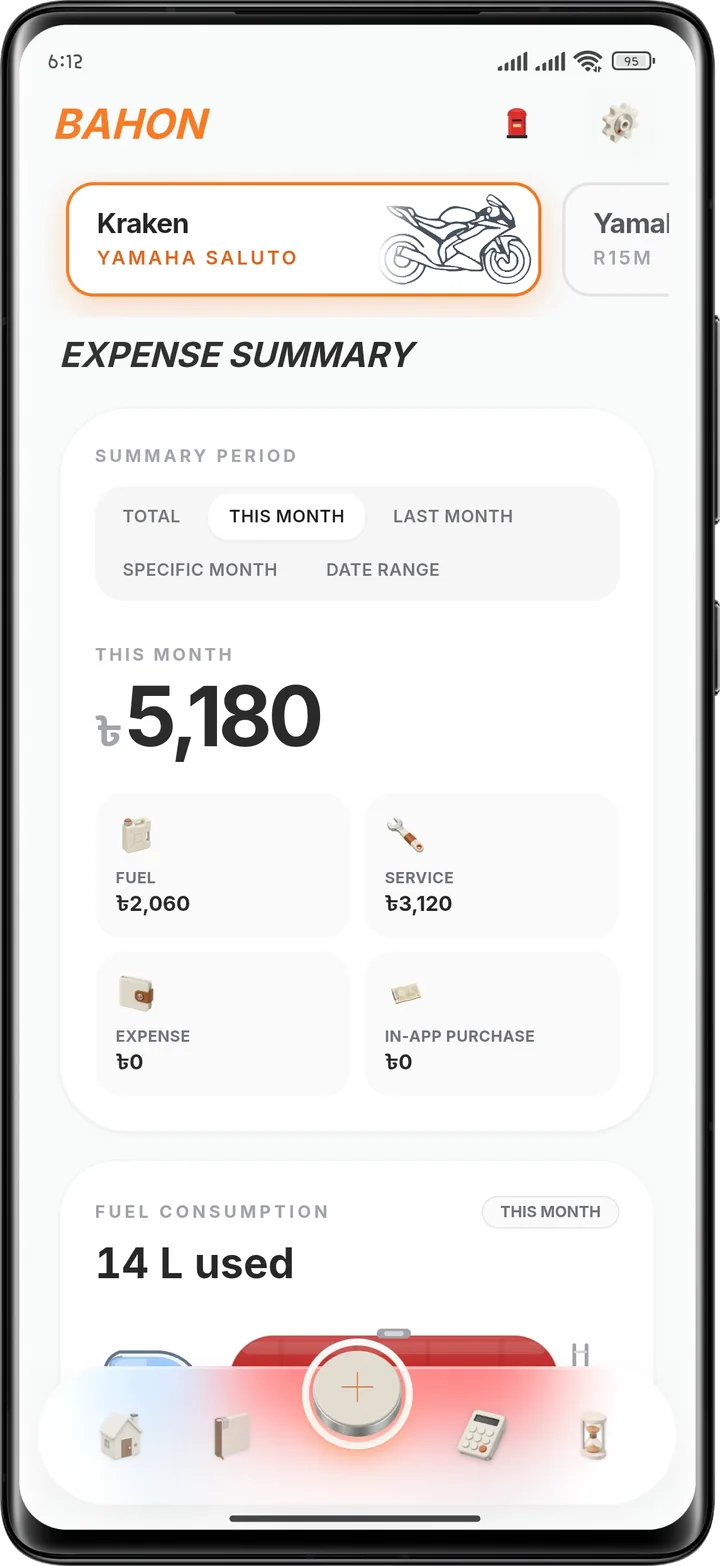 Bahon expense summary with fuel and service totals in taka